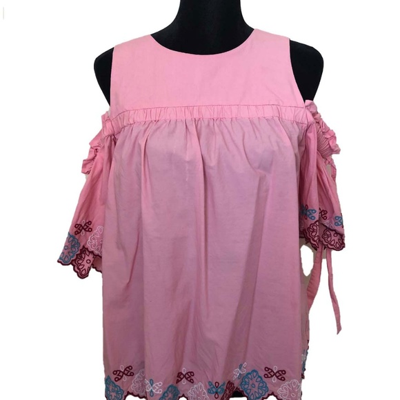 Ann Taylor LOFT Pink Cold Shoulder Embroidered Top - Picture 2 of 6